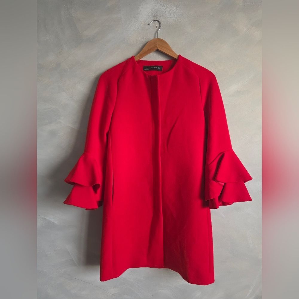Zara Red Frilled Bell Sleeve Coat Overcoat SIZE S Royal Queen Letiz